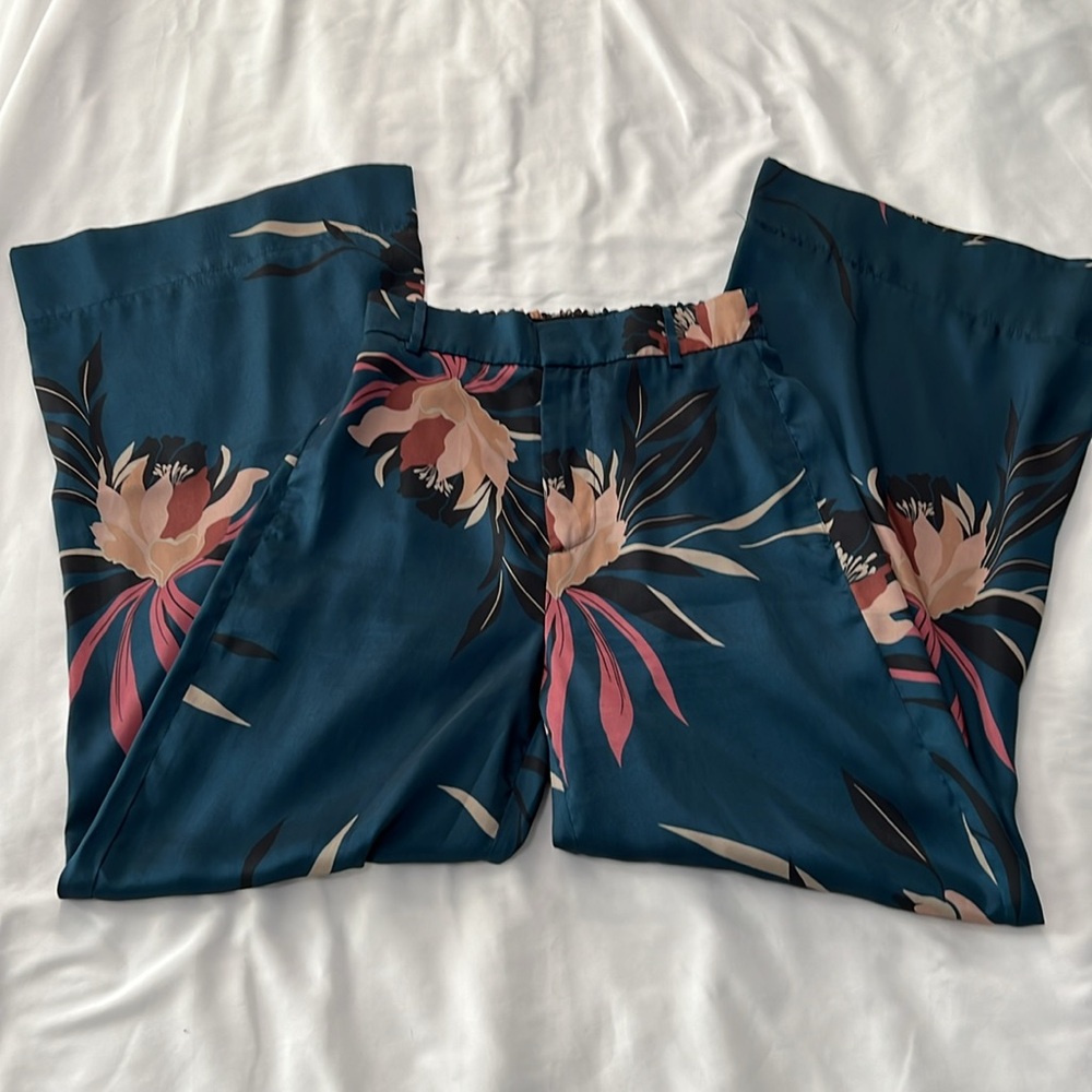 Zara Wide Leg Pants - Teal with Floral Print